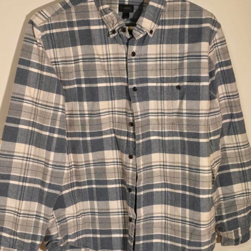 J.Crew Slim Fit Flannel Shirt Blue White Plaid Elbow Patches Mens Large